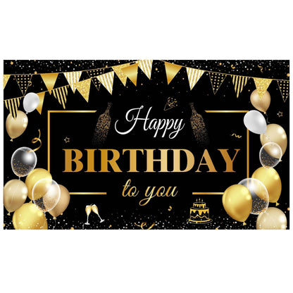 Banner Tip Fundal pentru Poze, Klevo, din Panza, Model Happy Birthday to You, 185 x 110 cm, Sfoara 6 m, Prindere in 4 Colturi, Negru/Auriu