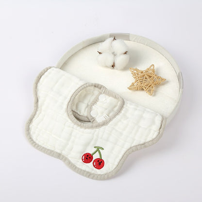 Baveta Tip Floare, Klevo, din Bumbac, pentru Copii 0-12 Luni, Rezistenta la apa, 8 Straturi, Model Tricotat cu Cirese, 26 x 29 cm, Alb