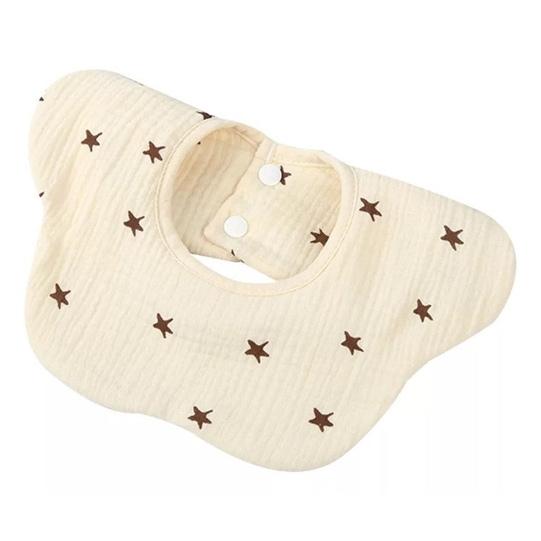 Baveta Tip Floare, Klevo, din Bumbac, pentru Copii 0-12 Luni, Rezistenta la apa, cu Capse, Model cu Stelute, 26 x 29 cm, Crem