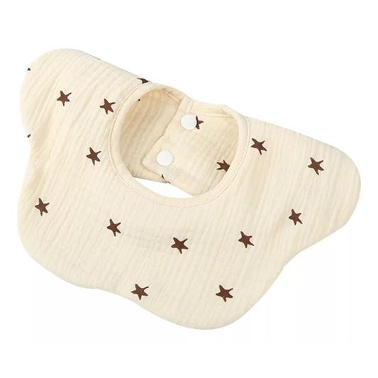 Baveta Tip Floare, Klevo, din Bumbac, pentru Copii 0-12 Luni, Rezistenta la apa, cu Capse, Model cu Stelute, 26 x 29 cm, Crem