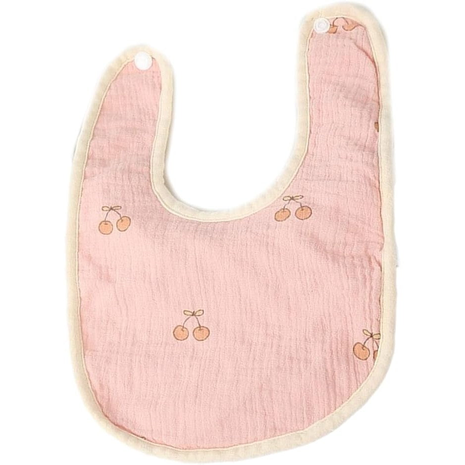 Baveta in Forma de U, Klevo, din Bumbac, pentru Copii 0-12 Luni, Rezistenta la Apa, cu Capse, Model cu Cirese,  21x30 cm, Roz
