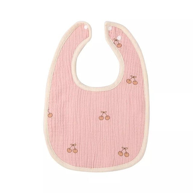 Baveta in Forma de U, Klevo, din Bumbac, pentru Copii 0-12 Luni, Rezistenta la Apa, cu Capse, Model cu Cirese,  21x30 cm, Roz