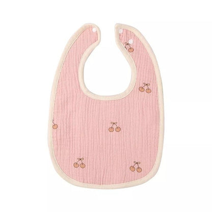 Baveta in Forma de U, Klevo, din Bumbac, pentru Copii 0-12 Luni, Rezistenta la Apa, cu Capse, Model cu Cirese,  21x30 cm, Roz