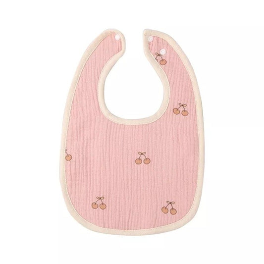 Baveta in Forma de U, Klevo, din Bumbac, pentru Copii 0-12 Luni, Rezistenta la Apa, cu Capse, Model cu Cirese,  21x30 cm, Roz