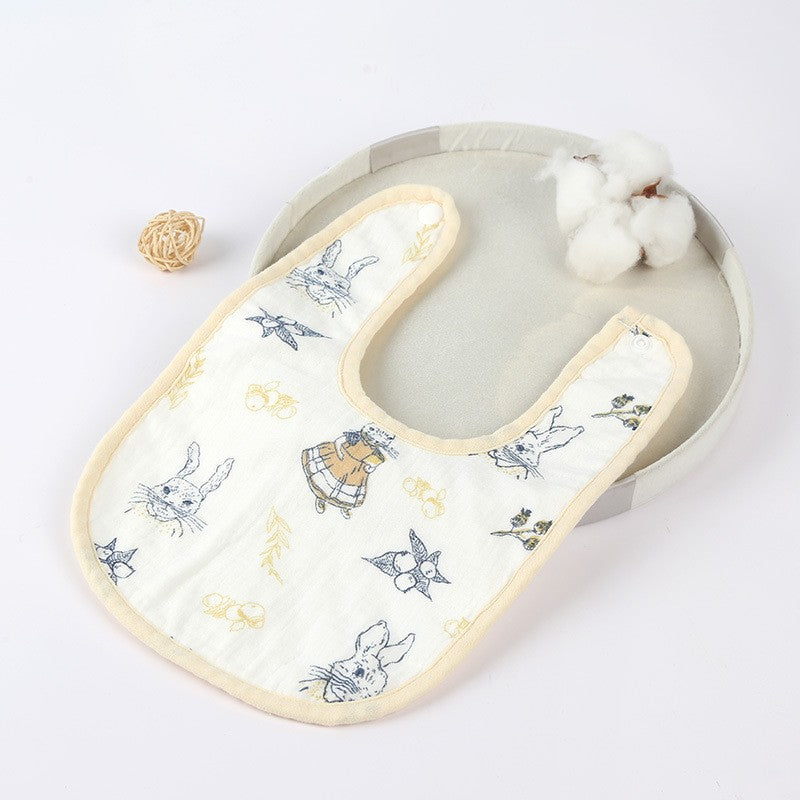 Baveta in Forma de U, Klevo, din Bumbac, pentru Copii 0-12 Luni, Rezistenta la Apa, cu Capse, Model cu Iepurasi, 21x30 cm, Bej