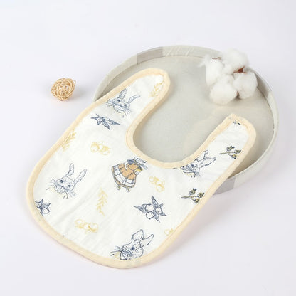 Baveta in Forma de U, Klevo, din Bumbac, pentru Copii 0-12 Luni, Rezistenta la Apa, cu Capse, Model cu Iepurasi, 21x30 cm, Bej