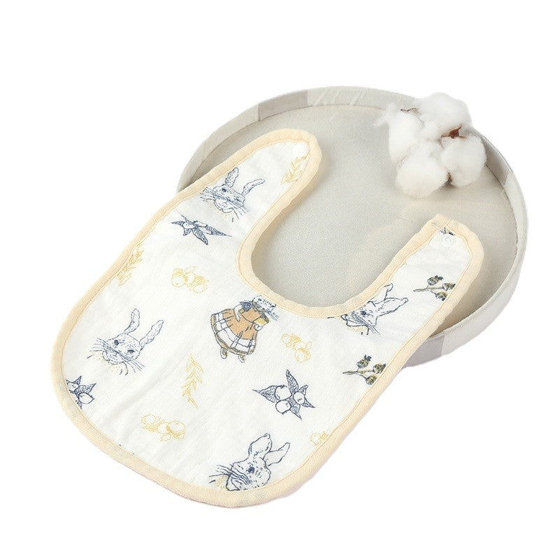 Baveta in Forma de U, Klevo, din Bumbac, pentru Copii 0-12 Luni, Rezistenta la Apa, cu Capse, Model cu Iepurasi, 21x30 cm, Bej