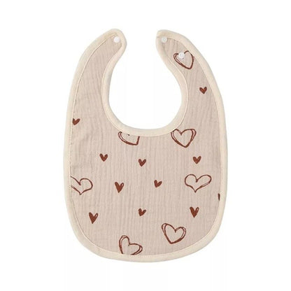 Baveta in Forma de U, Klevo, din Bumbac, pentru Copii 0-12 Luni, Rezistenta la Apa, cu Capse, Model cu Inimoare,  21x30 cm, Bej