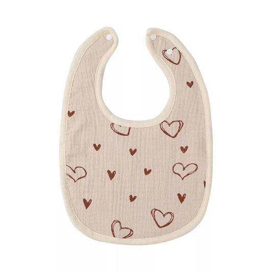 Baveta in Forma de U, Klevo, din Bumbac, pentru Copii 0-12 Luni, Rezistenta la Apa, cu Capse, Model cu Inimoare,  21x30 cm, Bej