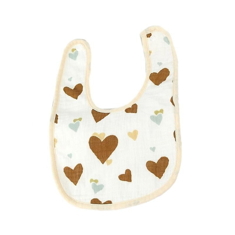 Baveta in Forma de U, Klevo, din Bumbac, pentru Copii 0-12 Luni, Rezistenta la Apa, cu Capse, Model cu Inimioare,  21x30 cm, Bej
