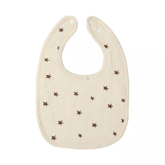 Baveta in Forma de U, Klevo, din Bumbac, pentru Copii 0-12 Luni, Rezistenta la Apa, cu Capse, Model cu Stelute,  21x30 cm, Crem
