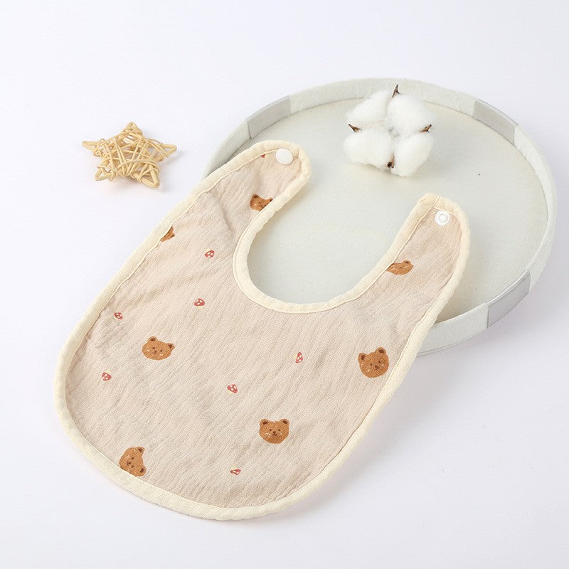 Baveta in Forma de U, Klevo, din Bumbac, pentru Copii 0-12 Luni, Rezistenta la Apa, cu Capse, Model cu Ursuleti,  21x30 cm, Bej