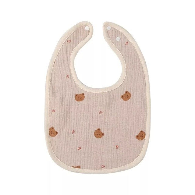 Baveta in Forma de U, Klevo, din Bumbac, pentru Copii 0-12 Luni, Rezistenta la Apa, cu Capse, Model cu Ursuleti,  21x30 cm, Bej