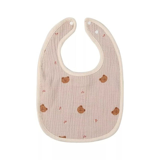 Baveta in Forma de U, Klevo, din Bumbac, pentru Copii 0-12 Luni, Rezistenta la Apa, cu Capse, Model cu Ursuleti,  21x30 cm, Bej