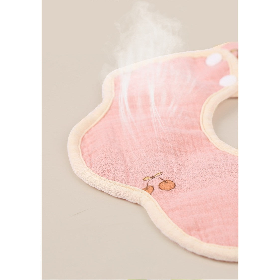 Baveta Tip Floare, Klevo, din Bumbac, pentru Copii 0-12 Luni, Rezistenta la apa, cu Capse, Model cu Cirese, 26 x 29 cm, Roz