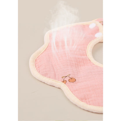 Baveta Tip Floare, Klevo, din Bumbac, pentru Copii 0-12 Luni, Rezistenta la apa, cu Capse, Model cu Cirese, 26 x 29 cm, Roz
