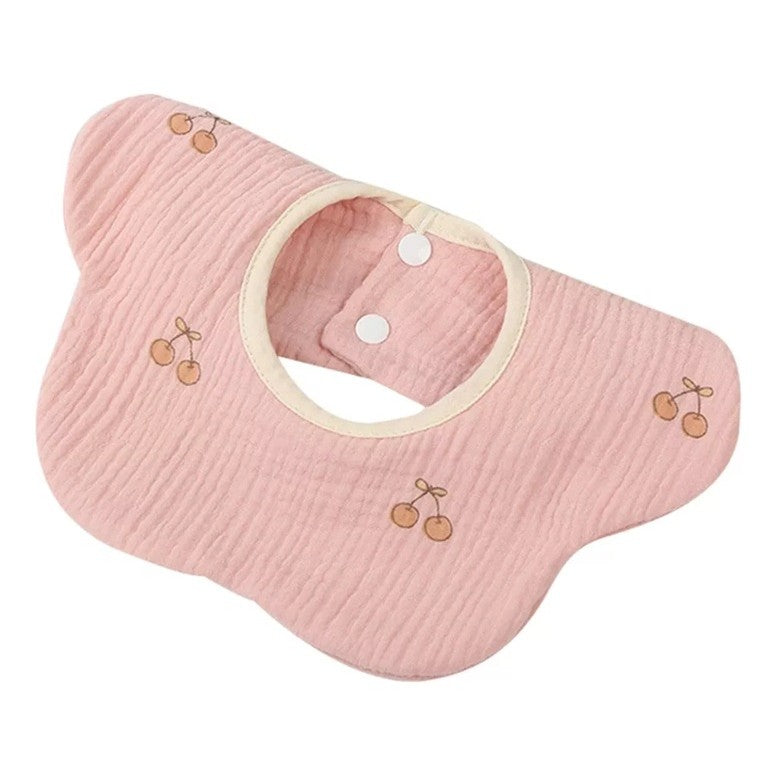 Baveta Tip Floare, Klevo, din Bumbac, pentru Copii 0-12 Luni, Rezistenta la apa, cu Capse, Model cu Cirese, 26 x 29 cm, Roz