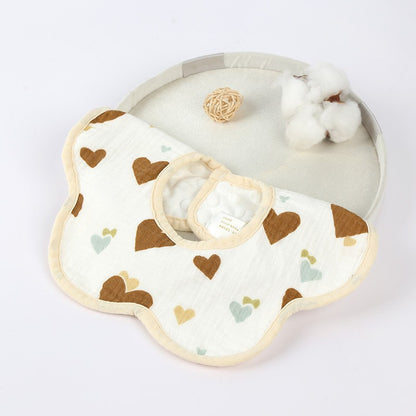 Baveta Tip Floare, Klevo, din Bumbac, pentru Copii 0-12 Luni, Rezistenta la apa, cu Capse, Model cu Inimioare, 26 x 29 cm, Maro