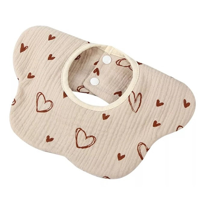 Baveta Tip Floare, Klevo, din Bumbac, pentru Copii 0-12 Luni, Rezistenta la apa, cu Capse, Model cu Inimioare, 26 x 29 cm, Crem