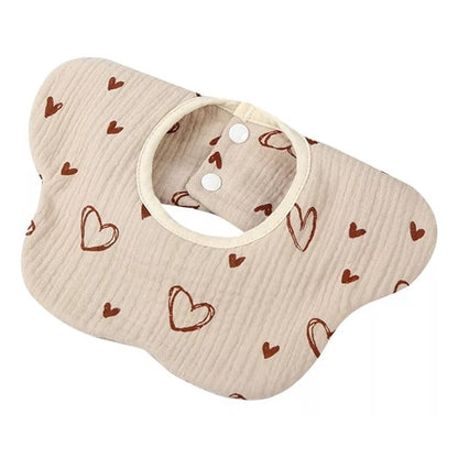 Baveta Tip Floare, Klevo, din Bumbac, pentru Copii 0-12 Luni, Rezistenta la apa, cu Capse, Model cu Inimioare, 26 x 29 cm, Crem