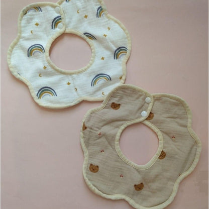 Baveta Tip Floare, Klevo, din Bumbac, pentru Copii 0-12 Luni, Rezistenta la apa, cu Capse, Model Curcubeu, 26 x 29 cm, Alb