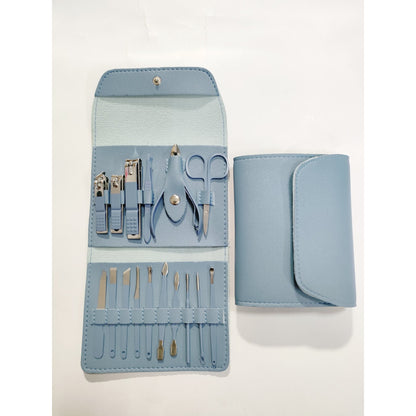 Set 16 Piese de Ingrijire Cosmetica, Klevo, pentru Manichiura, Pedichiura, Fata, Geanta Organizatoare din Piele Ecologica Inclusa, Albastru