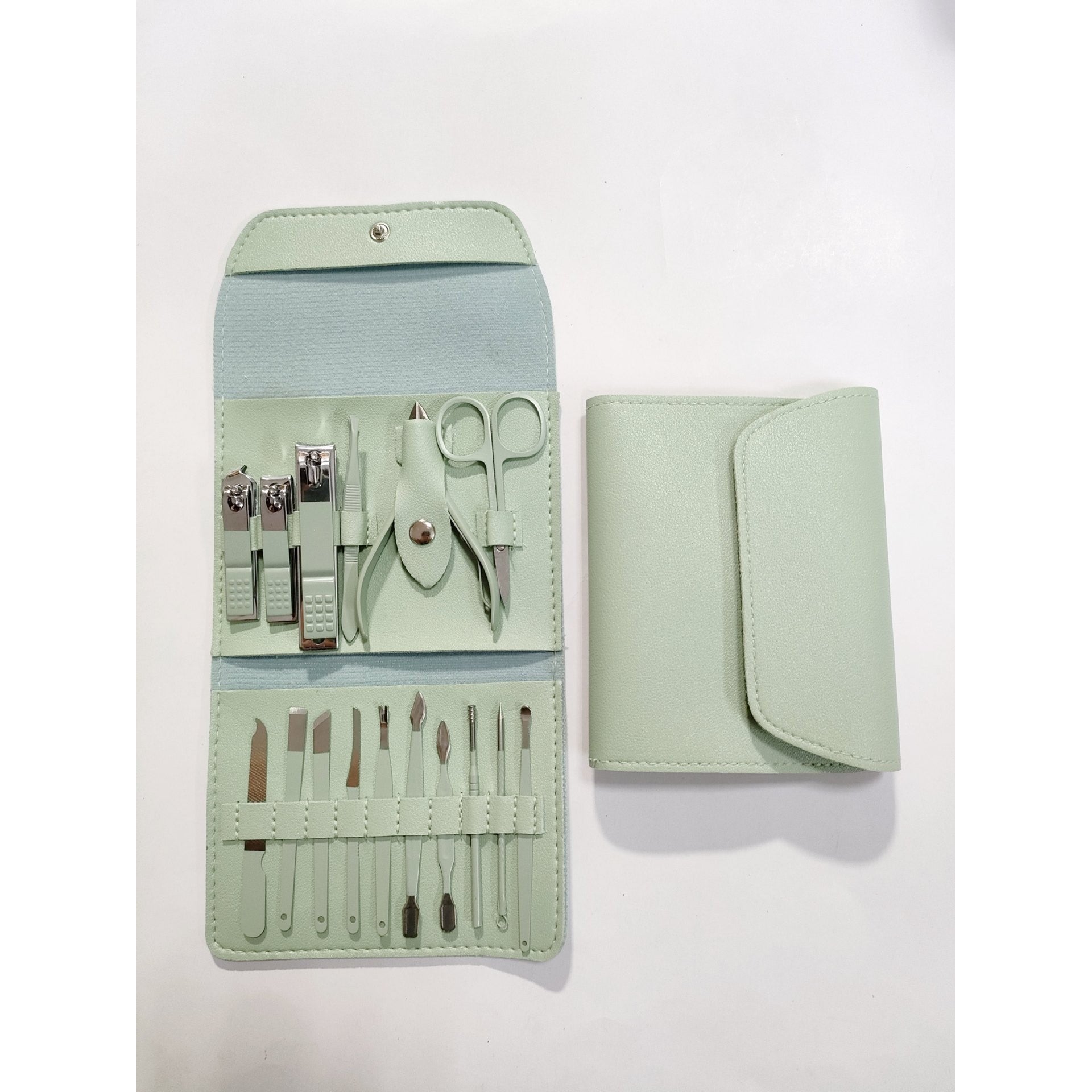 Set 16 Piese de Ingrijire Cosmetica, Klevo, pentru Manichiura, Pedichiura, Fata, Geanta Organizatoare din Piele Ecologica Inclusa, Verde