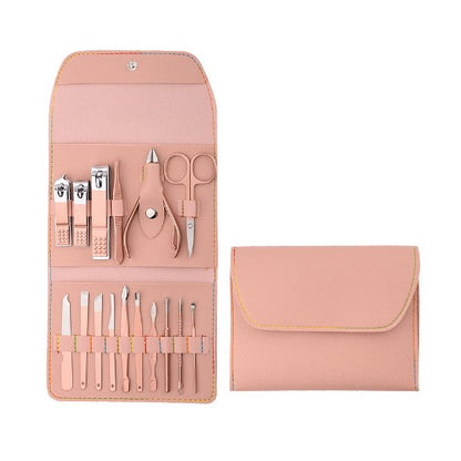 Set 16 Piese de Ingrijire Cosmetica, Klevo, pentru Manichiura, Pedichiura, Fata, Geanta Organizatoare din Piele Ecologica Inclusa, Roz