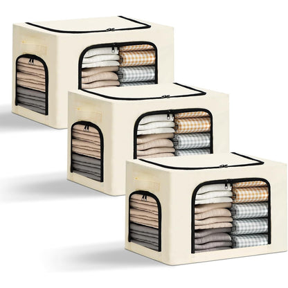 Cutie de Depozitare, Klevo, cu 3 Ferestre cu Fermoar Bidirectional, Cadru din Otel, Impermeabil, 38L, 42 x 30 x 30 cm, Bej