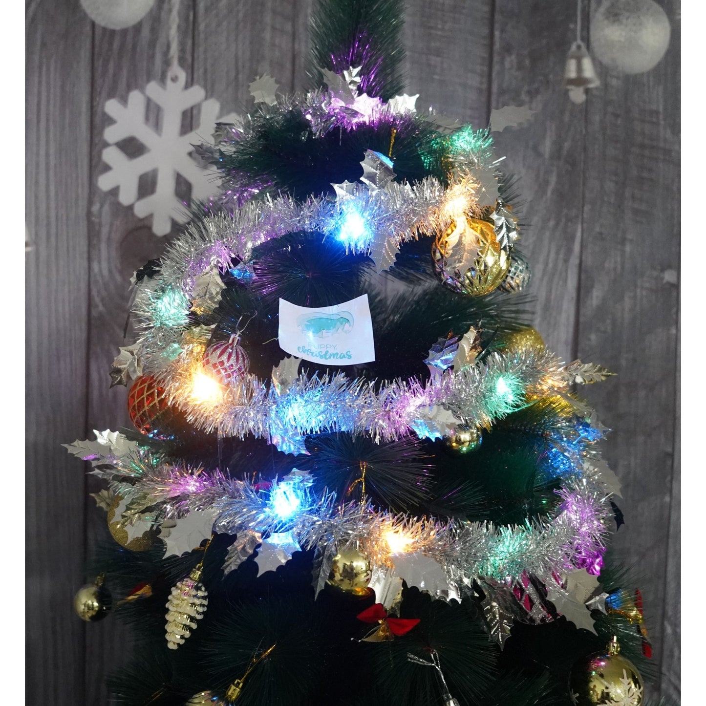 Beteala Craciun cu LED, Argintie, model cu frunze, 2 m x 6 cm, PVC, Sir, Artificiala, Klevo