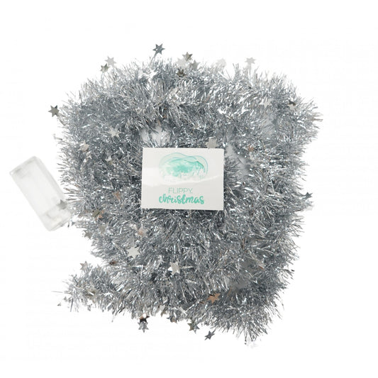 Beteala Craciun cu LED, Argintie, model cu stelute, 2 m x 5 cm, PVC, Sir, Artificiala, Klevo