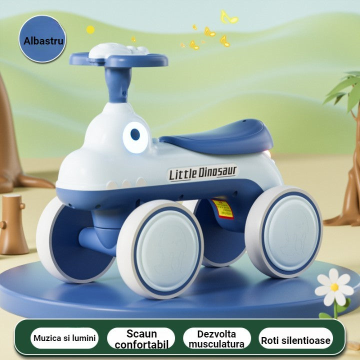 Bicicleta Pentru Copii, Klevo, Fara Pedale, Cu Patru Roti, Din Plastic Rezistent, Fara BPA, Cu Muzica Si Lumini, Model Dinozaur, 50x27x40 Cm, Albastru