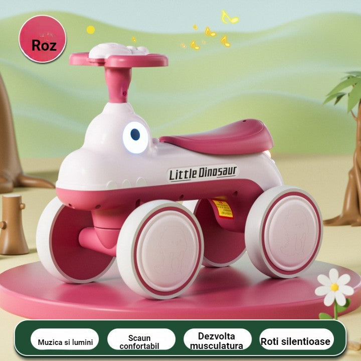 Bicicleta Pentru Copii, Klevo, Fara Pedale, Cu Patru Roti, Din Plastic Rezistent, Fara BPA, Cu Muzica Si Lumini, Model Dinozaur, 50x27x40 Cm, Roz