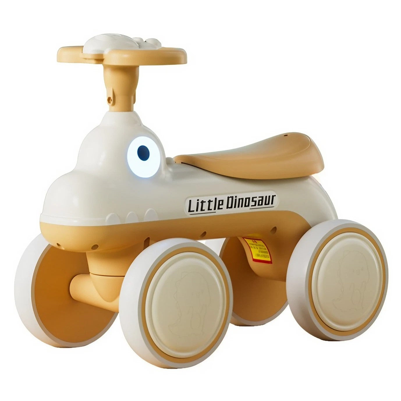 Bicicleta Pentru Copii, Klevo, Fara Pedale, Cu Patru Roti, Din Plastic Rezistent, Fara BPA, Cu Muzica Si Lumini, Model Dinozaur, 50x27x40 Cm, Galben-Mustar