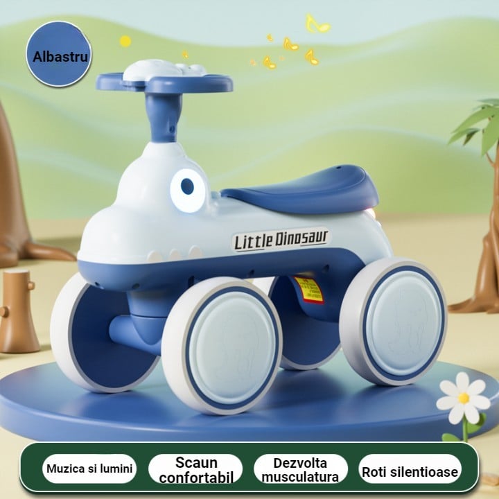 Bicicleta Pentru Copii, Klevo, Fara Pedale, Cu Patru Roti, Din Plastic Rezistent, Fara BPA, Cu Muzica Si Lumini, Model Dinozaur, 50x27x40 Cm, Albastru
