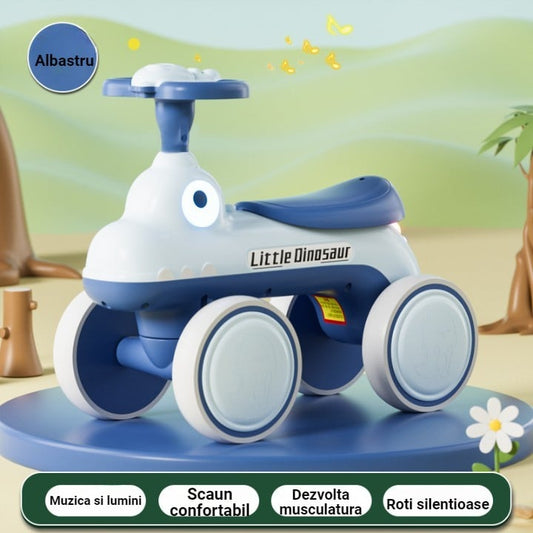 Bicicleta Pentru Copii, Klevo, Fara Pedale, Cu Patru Roti, Din Plastic Rezistent, Fara BPA, Cu Muzica Si Lumini, Model Dinozaur, 50x27x40 Cm, Albastru