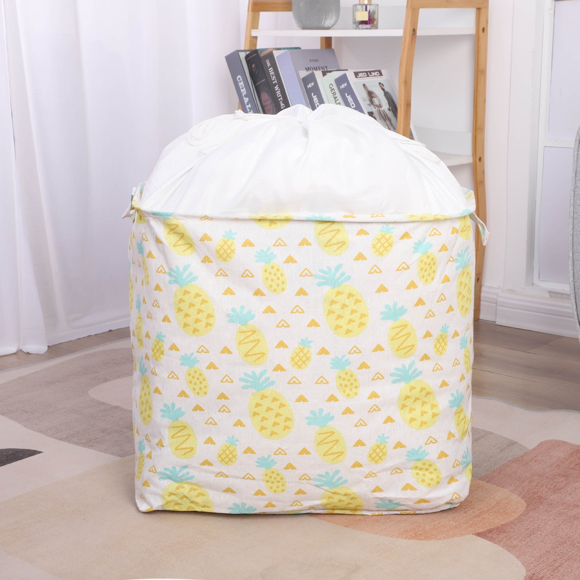 Cutie de Depozitare Pliabila, Klevo, Impermeabila, cu Snur, Capacitate 100 L, cu Manere, 50x50x40cm, Model Ananas, Galben