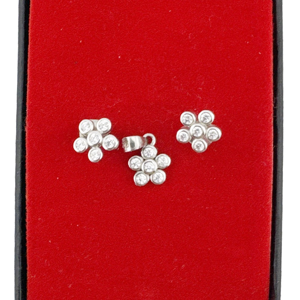 Set Bijuterii Dama Argint 925, Jolie, Cercei cu Pandativ, Model Floricele Rotunde cu Pietre Albe, 1.69 g, Argintiu