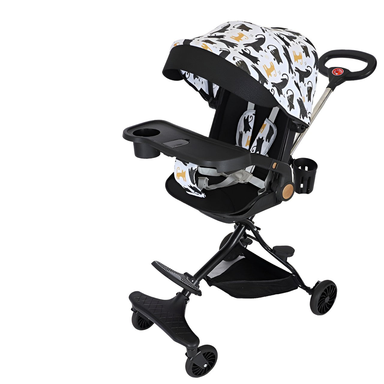 Carucior Sport Klevo 3in1, 6-36 Luni, Reversibil, Pliabil, Tavita pentru Masa, Pozitie de Somn, Centura de Siguranta, Roti 360, Suport Pahar, Copertina pentru Soare, 32x63x95cm, Negru Model Pisicute