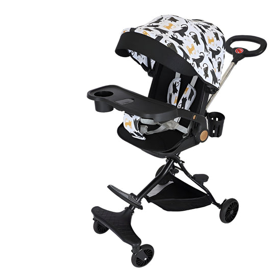Carucior Sport Klevo 3in1, 6-36 Luni, Reversibil, Pliabil, Tavita pentru Masa, Pozitie de Somn, Centura de Siguranta, Roti 360, Suport Pahar, Copertina pentru Soare, 32x63x95cm, Negru Model Pisicute