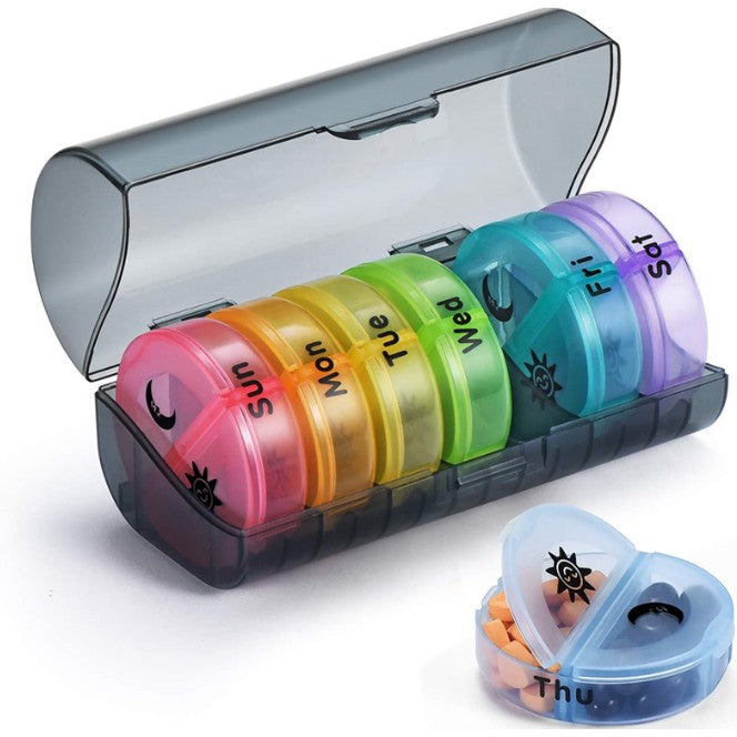 Cutie Depozitare Medicamente, Klevo, 7 Zile, 14 Compartimente, Cutie Suport, Recipiente Detasabile, Portabila, Recipiente Colorate, Suport Negru, 17.5x11x9.5 cm