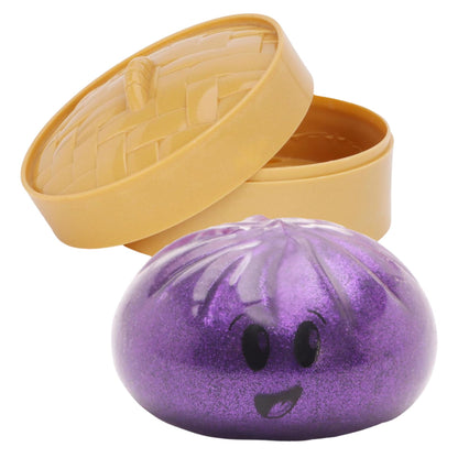 Jucarie Interactiva Dumpling Squishy, Klevo, Model Emoji Bun cu Sclipici, Jucarie Antistres pentru Copii si Maturi, Efect Calmant cu Revenire Lenta, 10 x 10 cm, Mov