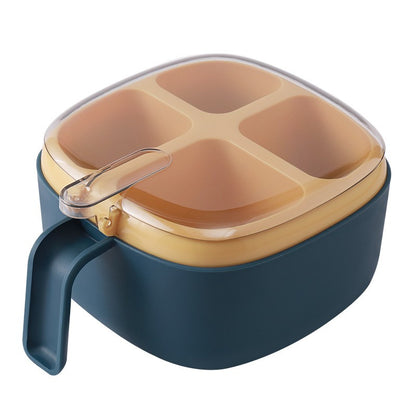 Recipient pentru condimente Klevo, 4 casute, potrivit pentru sare, cimbru, piper, condimente, 4 lingurite din plastic, capac din plastic, maner, 14x14x8 cm, albastru