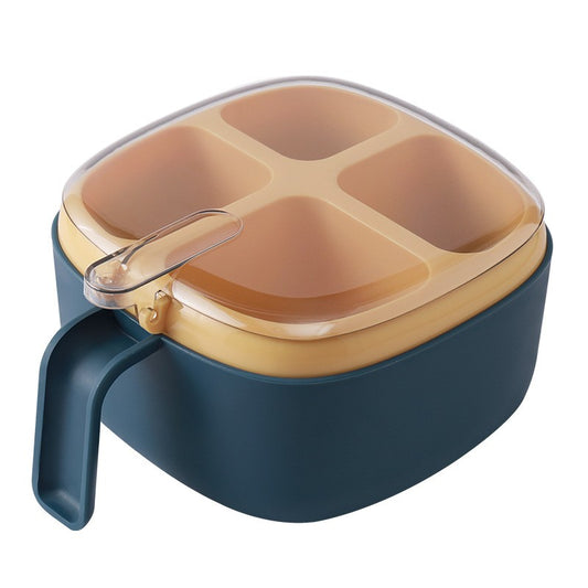 Recipient pentru condimente Klevo, 4 casute, potrivit pentru sare, cimbru, piper, condimente, 4 lingurite din plastic, capac din plastic, maner, 14x14x8 cm, albastru