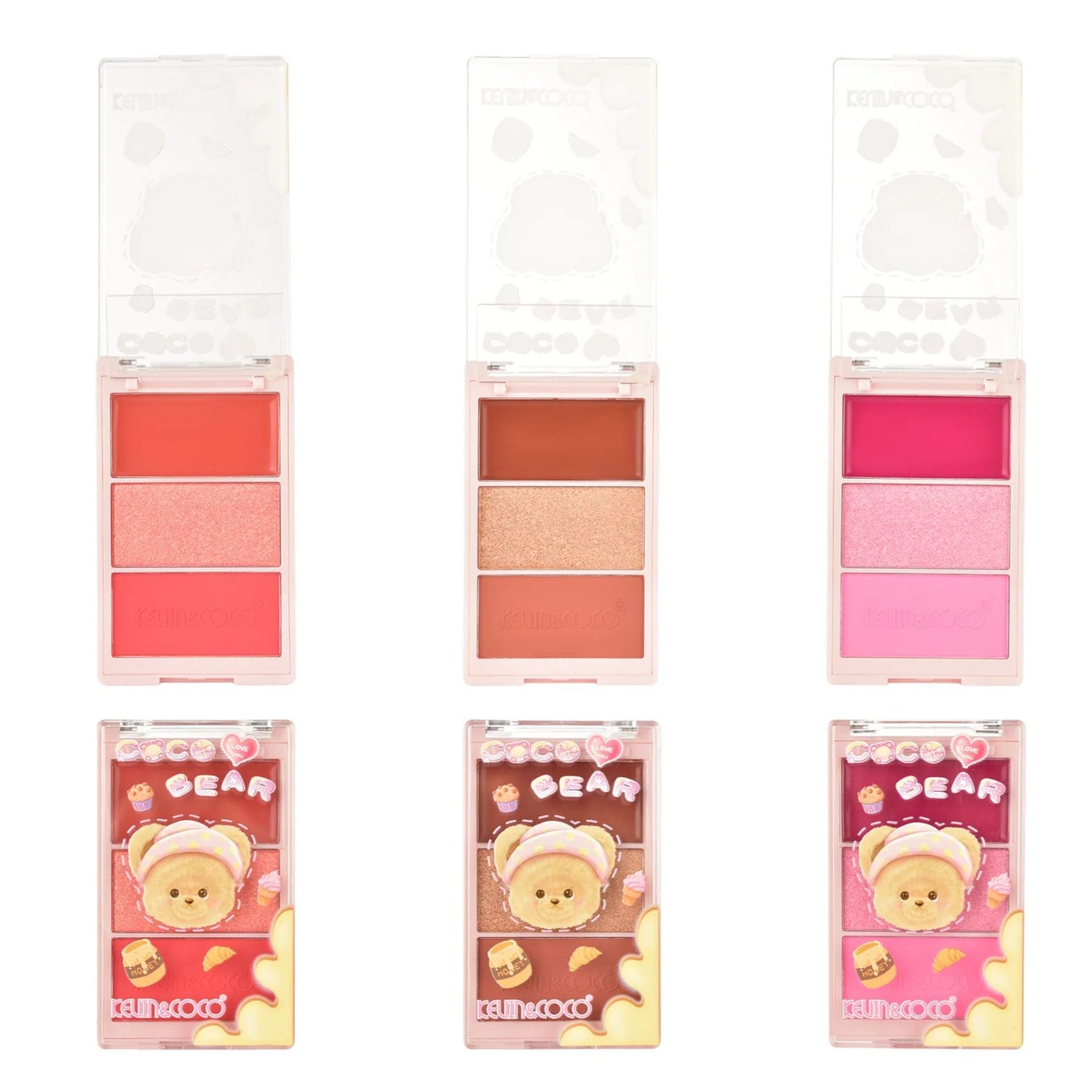 Paleta Fard de Obraz, Kevin&Coco, 3 Culori, Blush, Iluminator, Contur, Textură Fină, Efect Natural, pentru Toate Tipurile de Ten, 71.7 g, 6.7 x 1.5 x 11 cm, Roz