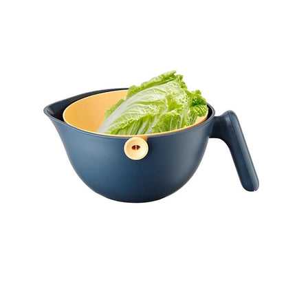 Bol cu Doua Straturi, Klevo, pentru Fructe, Legume, cu Cos de Scurgere a Apei, 2L, din ABS+PP, 29.9 x 22.5 x 11.8 cm, Albastru-Portocaliu