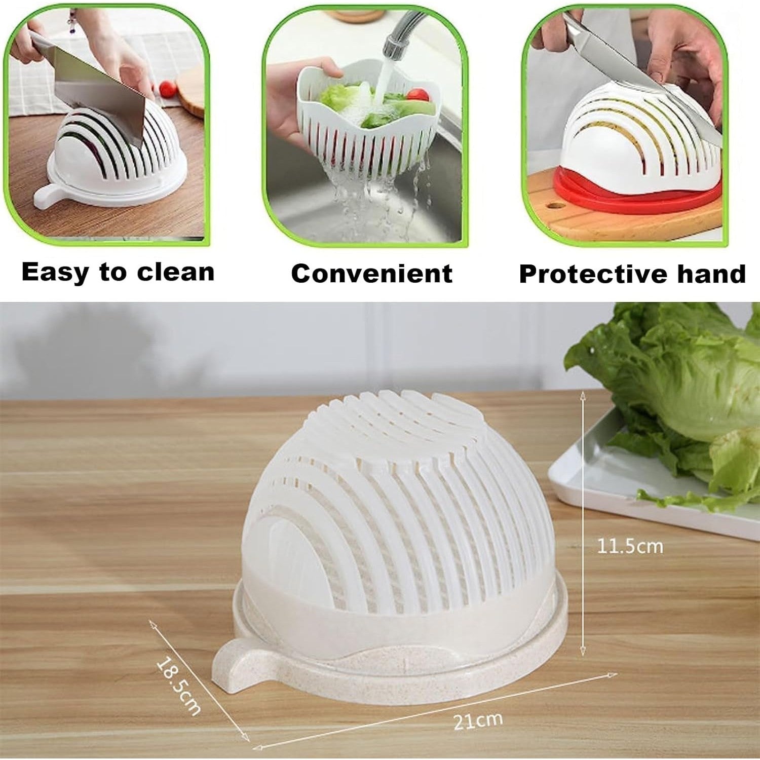 Bol Feliator pentru Salata, Klevo, Castron Multifunctional pentru Legume si Fructe, pentru Spalat si Taiat Legumele, cu Scurgere si Tocator, Ergonomic, Protectie pentru Maini, 21x18.5x11.5 cm, Alb