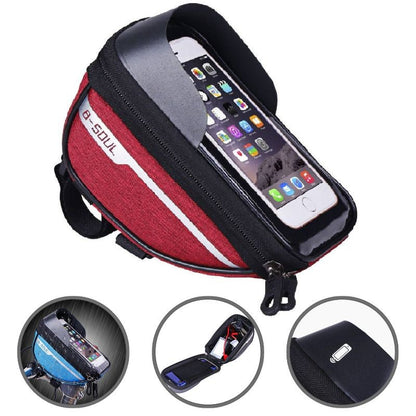Borseta bicicleta impermeabila cu husa pentru telefon Klevo, montare pe ghidon, compatibila cu telefoane de pana la 16 cm, spatiu depozitare, 18.5x9.5 cm, rosu