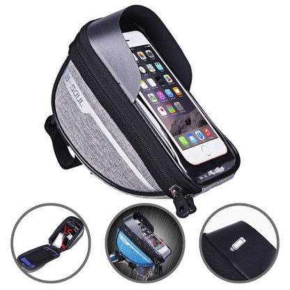 Borseta bicicleta impermeabila cu husa pentru telefon Klevo, montare pe ghidon, compatibila cu telefoane de pana la 16 cm, spatiu depozitare, 18.5x9.5 cm, gri