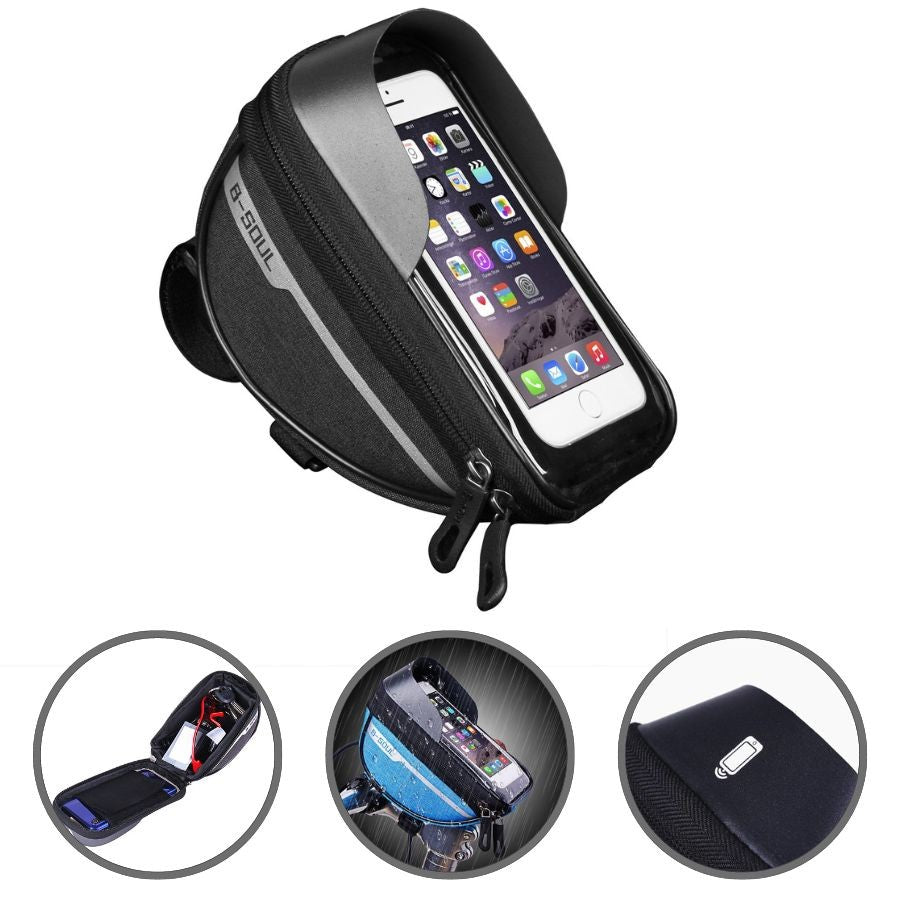 Borseta bicicleta impermeabila cu husa pentru telefon Klevo, montare pe ghidon, compatibila cu telefoane de pana la 16 cm, spatiu depozitare, 18.5x9.5 cm, negru